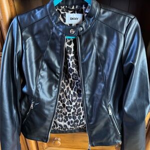 DKNY Women's Black Faux Leather Jacket with Patterned Lining